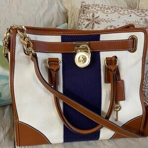 Michael Kors Brand New Navy and Cream Canvas and Leather Hamilton Bag